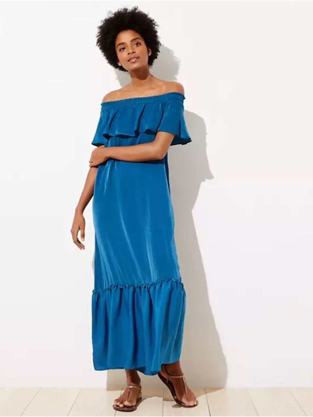 LOFT Blue Strapless Ruffle Maxi Dress